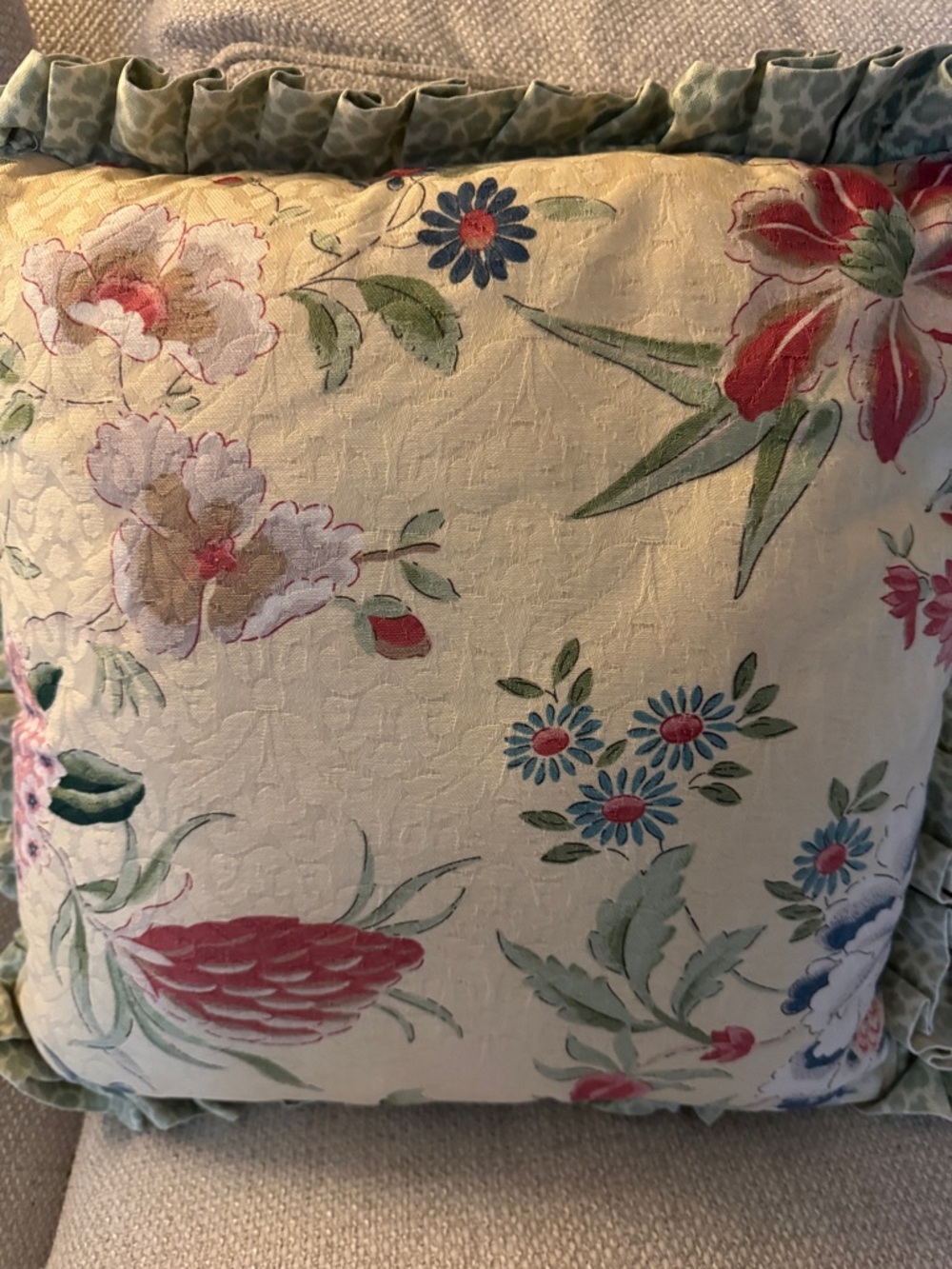 Floral Ruffled Throw Pillows- Pale Yellow with Pink & Green (Pair) - Picture 6 of 10